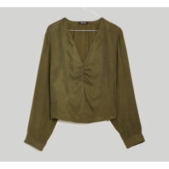 Madewell Brushed Ruched Top Sz 14 Green Long Sleeve Cupro V-Neck Earthy Olive - Picture 3 of 12
